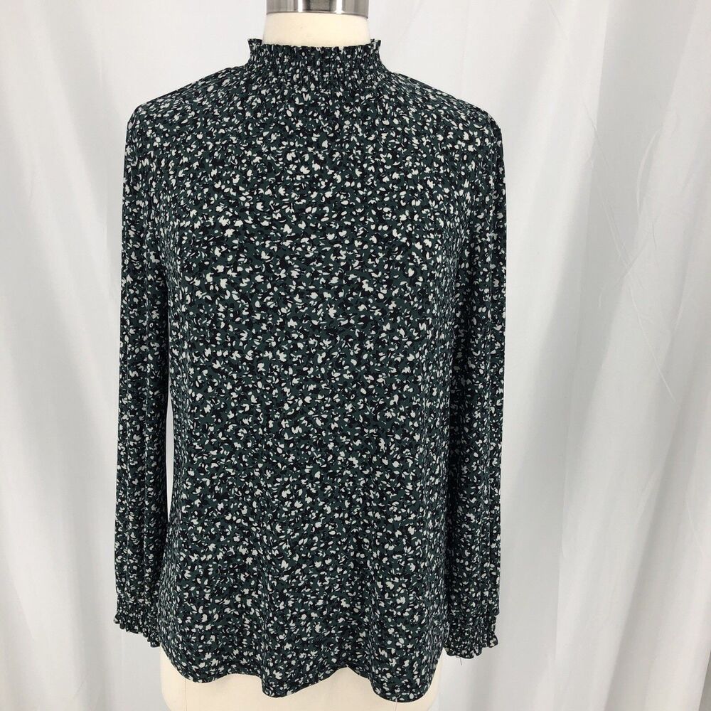 Anne Klein Dark Green Floral Smocked Neck Long Sleeve Medium Top